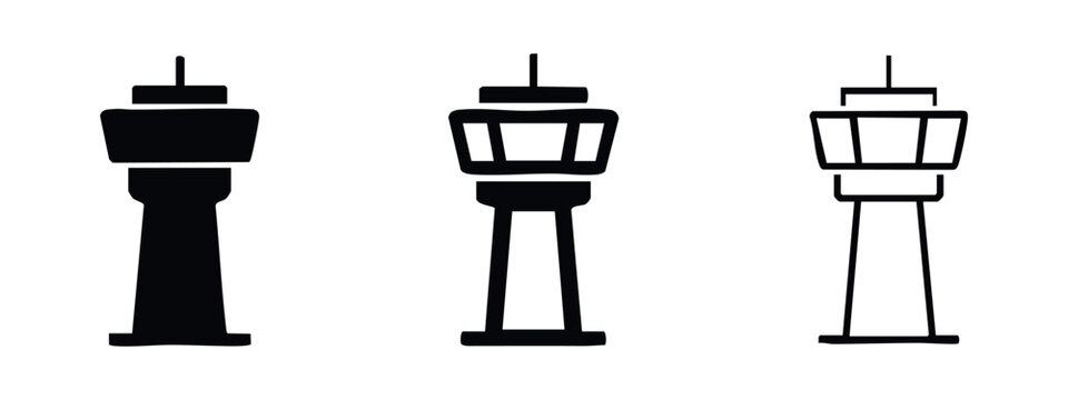 Airport control tower icon set. Air traffic communication symbol for aviation in various styles.