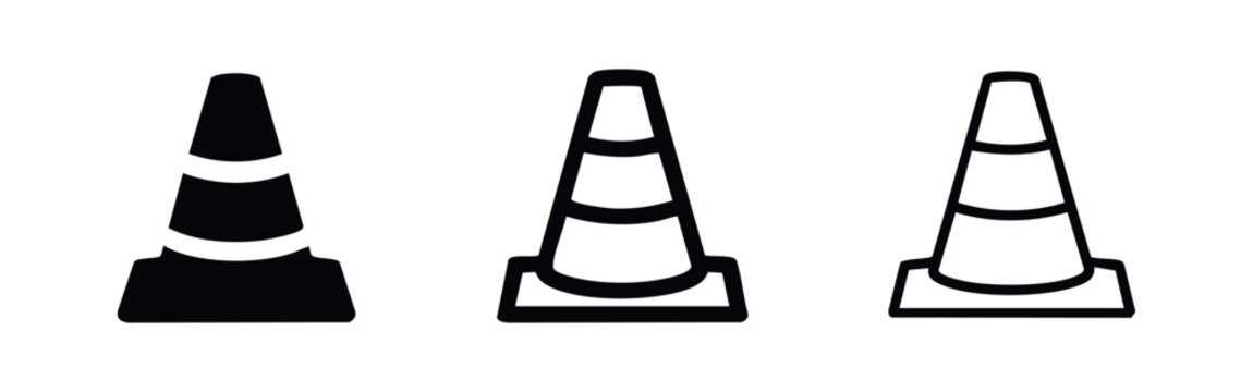 Road cone icon set. Traffic safety symbol with reflective stripes for work zones in various styles.