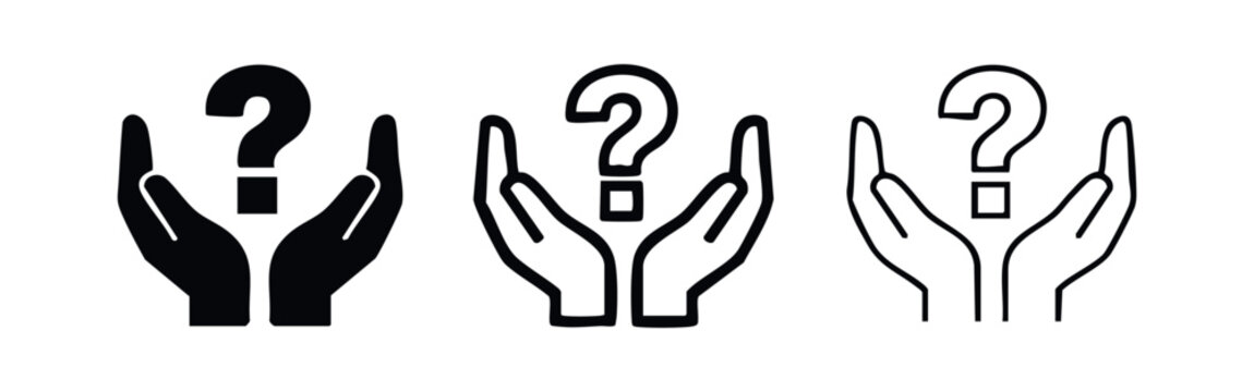 Hands holding a question mark icon set. Query, support, help, or uncertainty concept illustration.