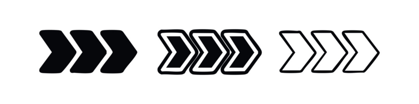 Set of right-pointing chevron arrow icons, next or fast forward symbols in doodle style