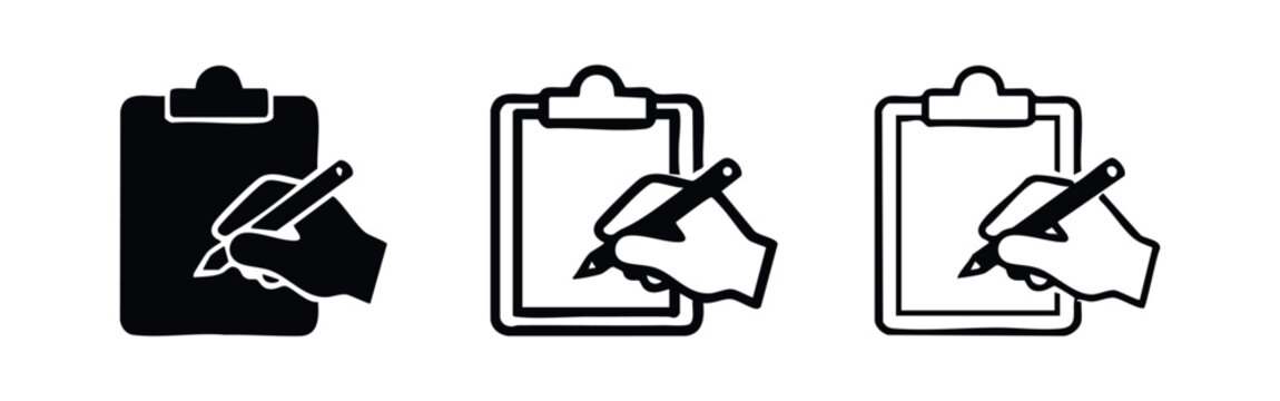 Hand writing on clipboard icon set, note taking, survey, and task completion symbols