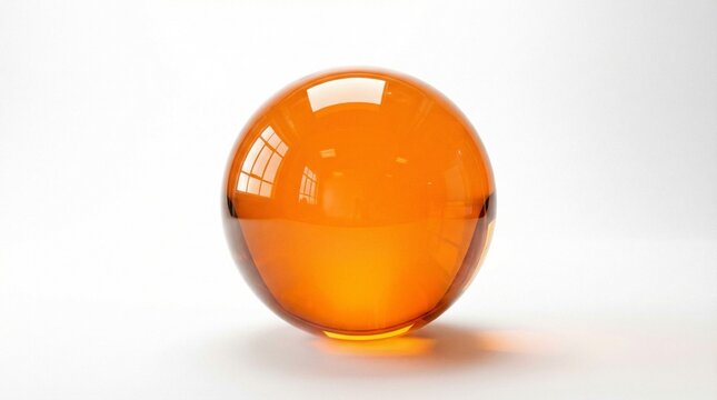 Translucent orange sphere on pedestal, sunlight streaming through windows, reflections and refractions creating geometric shadows, symbolizing light, clarity, and interplay of material and perception.