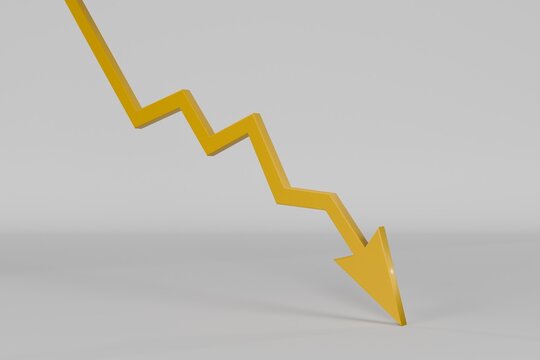 downward arrow yellow 3D render warning decline isolated