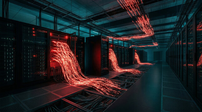 Futuristic data center interior attacked by flickering red code breach