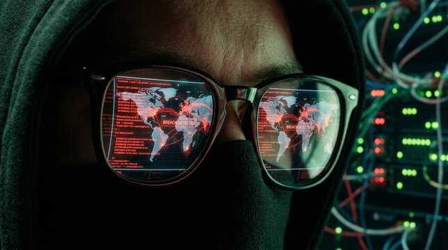 Hacker glasses reflecting a cracked globe with glowing red code breach