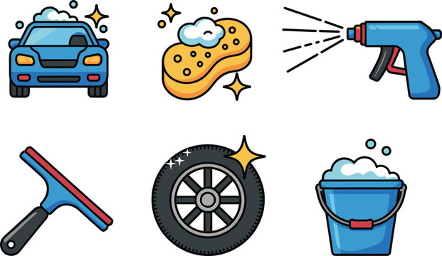 Car wash icons set, cleaning tools vehicle care equipment vector illustration colorful isolated service collection