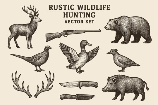Set of wildlife hunting icon drawings with deer and boar vectors. Perfect for outdoor, hunting, wildlife, and naturethemed designs.