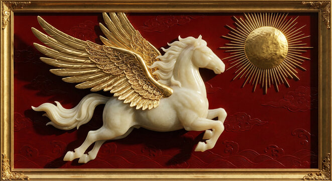 Luxury White Jade Horse and Foal Relief with Golden Peonies
