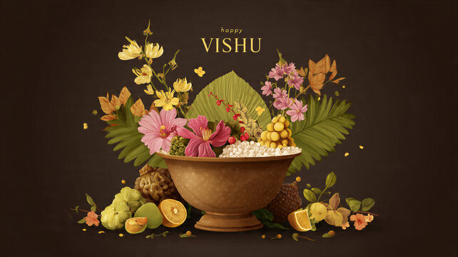 Happy Vishu Festival Background with Traditional Kerala Vishukkani Arrangement, Fruits, Flowers and Gold Decorations