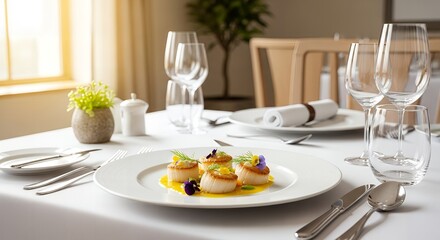 Fototapeta premium Gourmet scallop dish served in a fine dining restaurant with wine glass with restaurant table with eating out with food photography with white plate with restaurant interior