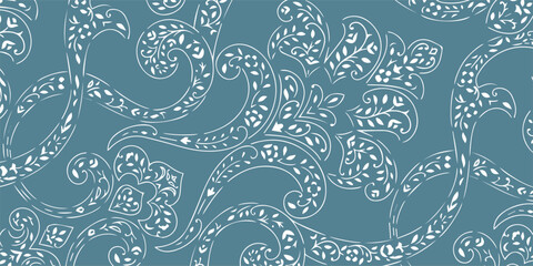 Intricate Blue Paisley Pattern with Elegant Swirls and Floral Motifs. © AsyfaNur