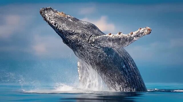 A large marine mammal breaches the ocean surface, creating a dramatic splash against a cloudy sky