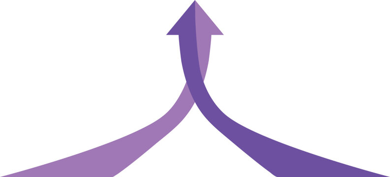 Two purple paths merging into single upward pointing arrow on white background icon