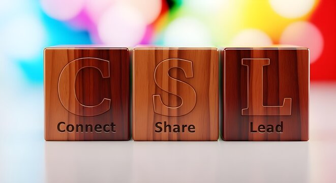 Wooden blocks with connect share lead letters on surface