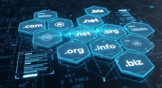 Hexagonal domains with domain extensions float over a binary code background.
