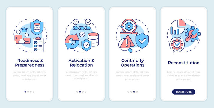 Phases of operation activation continuity onboarding mobile app screen. Walkthrough 4 steps editable graphic instructions with linear concepts. UI, UX, GUI. Montserrat SemiBold, Regular fonts used