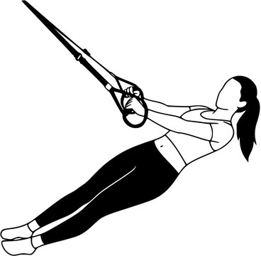Black and White Line Art of Woman Doing TRX Rows Exercise