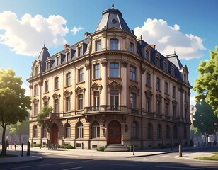 Obraz premium A classic corner building, three stories tall, with intricate architectural details, under a sunny sky. Trees line the streets