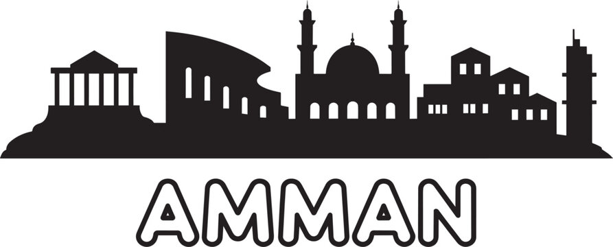 Amman City Skyline Silhouette With King Abdullah I Mosque And Roman Theater Solid Black Vector