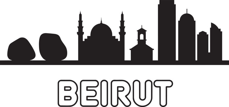 Beirut Lebanon Skyline Silhouette With Raouche Rocks Mohammad Al-amin Mosque And Skyscrapers