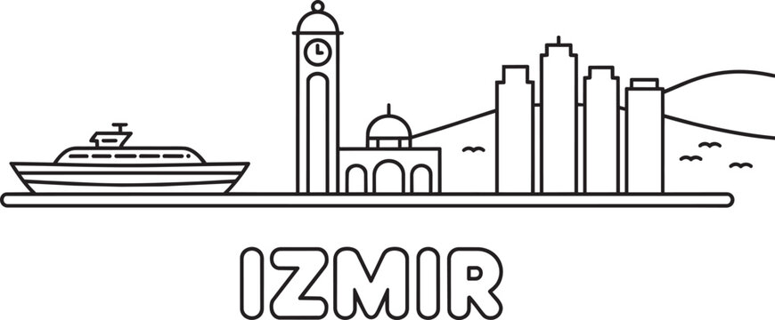 Izmir City Skyline Outline With Clock Tower Ferry Boat And Skyscrapers In Black Line Art Style