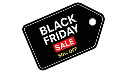 Black Friday Sale tag with 50 percent off discount, promotional retail price label, seasonal shopping offer icon on white background