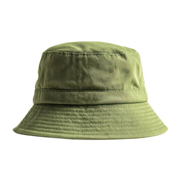 Olive green bucket hat, stitched cotton sun cap, casual summer headwear accessory for travel, outdoor and streetwear isolated on Transparent Background
