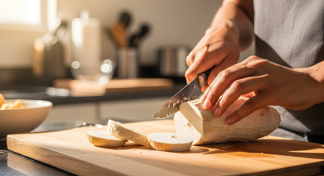 Hands Slicing Raw Cassava Root on Wooden Cutting Board