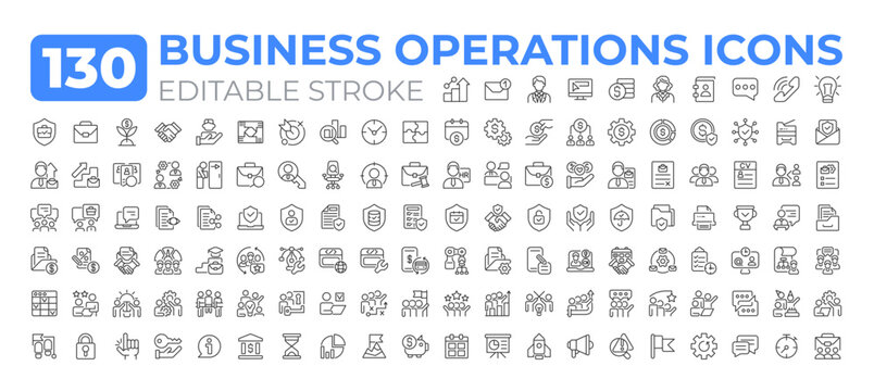 Business operations line icons big set. Core activities an organization. Productivity management. Commerce iconset outline pictograms. Isolated linear vector illustrations. Editable stroke