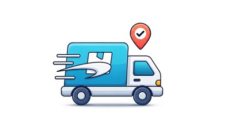 Fast delivery truck icon with speed lines, blue shipping van with package symbol, logistics transport vehicle with location pin and checkmark