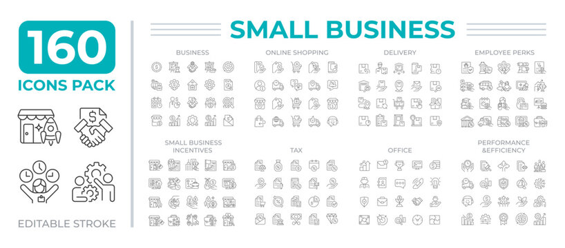 Small business line icons set collection. Private entrepreneurship development. Commerce and startup projects mega pack of linear pictograms. Isolated vector illustrations. Editable stroke