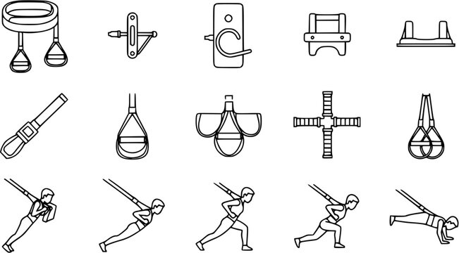 Fitness TRX Suspension Training Exercise Outline Icons Set. Workout Gear and People Doing Exercises. Health and Gym Equipment Line Art.