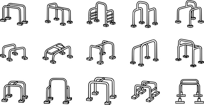 Outdoor Fitness Equipment Line Art Icons - Exercise Bars, Parallel Bars, Dip Station