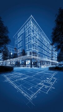 Building design concept shows blueprints and structure plans