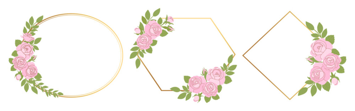 Set of golden geometric frames with pink rose bouquets and green leaves. Elegant vector illustration for wedding stationery, romantic invitations, and luxury branding design.