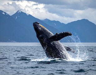 Naklejka premium A humpback whale breaches out of the ocean, displaying its massive body. Mountains and a cloudy sky form the backdrop