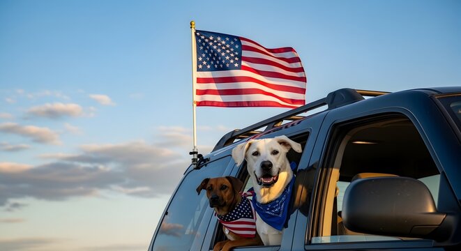 Patriotic dogs in a car with american flag waving in the breeze
