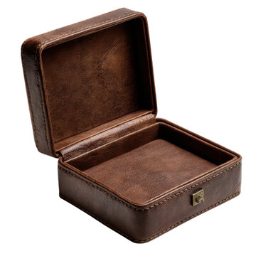 A brown leather jewelry box with a gold clasp