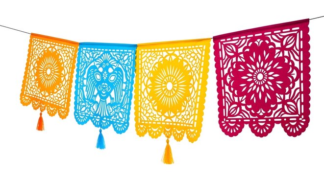 Colorful papel picado banners on string isolated on white background