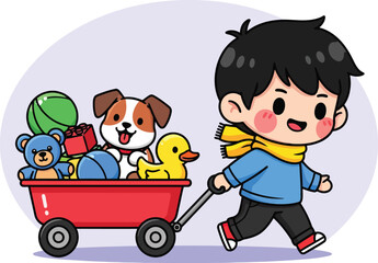 Cute cartoon boy pulling red wagon full of toys, happy child with stuffed animals and rubber duck, flat vector illustration for kids © Hiền