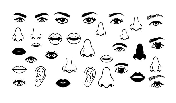 Modular facial features set for character creation eyes mouths noses black and white vector illustration