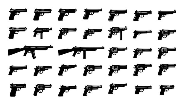 Black firearm and gun silhouette icon set with pistols rifles and shotguns organized grid vector illustration