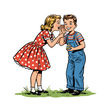 Vintage retro comic book style illustration of a girl whispering a secret to a boy holding an Easter egg, mid-century Americana children characters