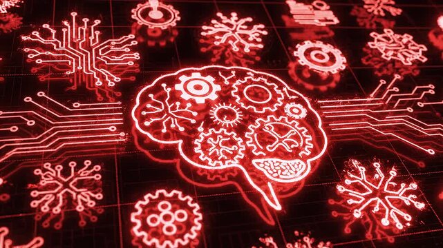 Neon red glowing icons of gears, circuit board traces, and neural network patterns on a dark technical grid background representing artificial intelligence and industrial automation data.