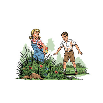 Retro children playing Easter egg hunt in vintage comic book style, girl hiding colorful eggs from boy in grass illustration