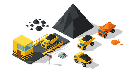 Vector illustration of industrial mining vehicles and black pyramid, infographic style presentation