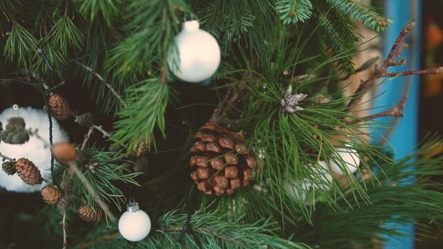 Close up of a decorated evergreen pine tree branch with white ornaments and natural pinecones
