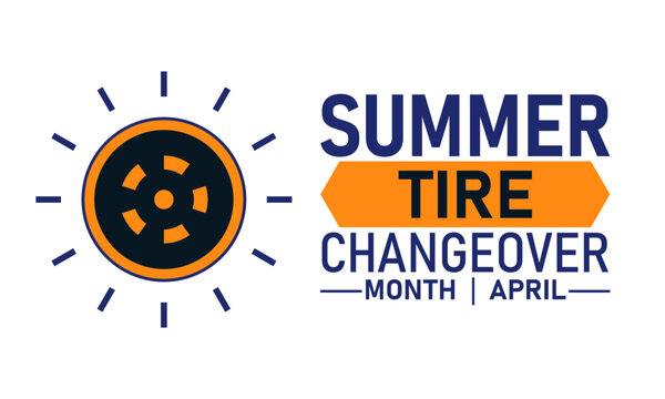 Summer tire changeover month april with sun and wheel icon with seasonal change