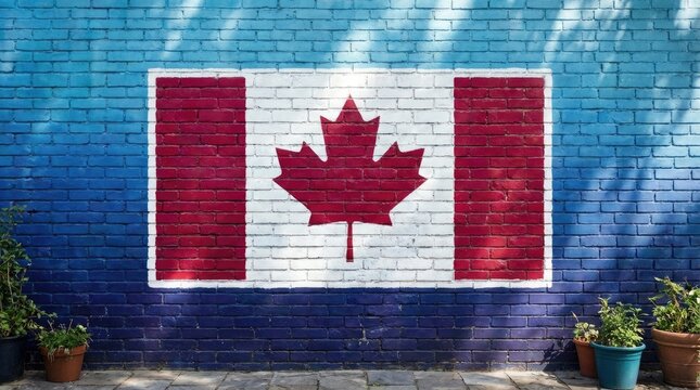 Canadian flag painted on a blue brick wall with potted plants