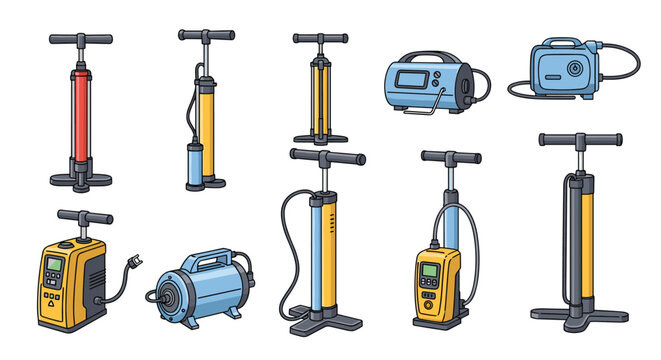 Comprehensive set of different air pumps featuring various manual floor pumps and modern portable electric inflators for versatile use.
